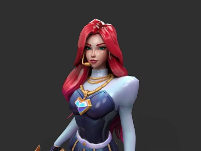 Game Movie Character With Red Pink Long Hair Blue Top And Gold Necklace Design 3d model