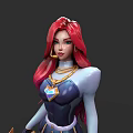 Game Movie Character With Red Pink Long Hair Blue Top And Gold Necklace Design