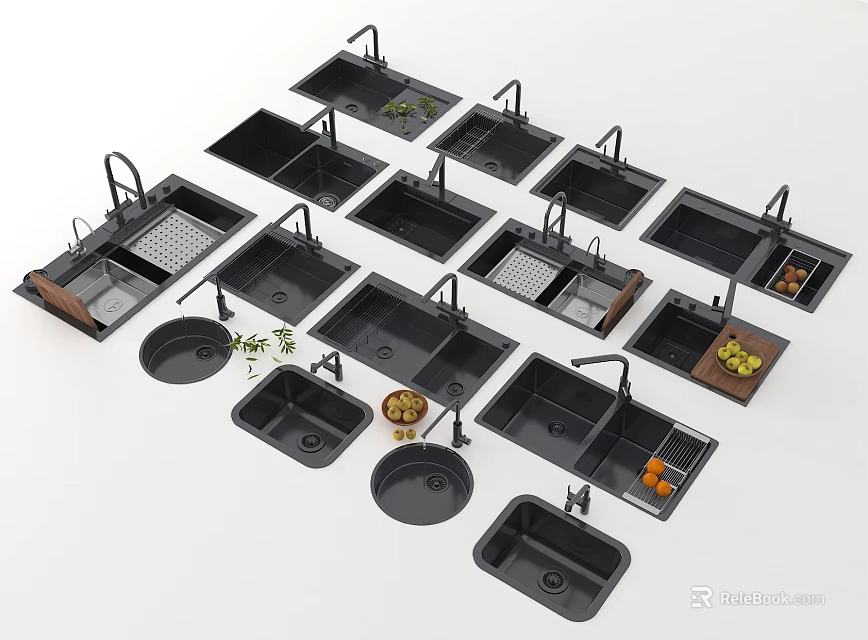 Various Modern Black Kitchen Sinks With Single Double Bowls And Drainers 3d model