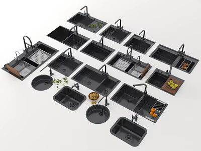 Various Modern Black Kitchen Sinks With Single Double Bowls And Drainers 3d model