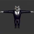 Cartoon Wolf Game Movie Character in Purple Suit With Tie And Sunglasses Arms Outstretched On Gray Background