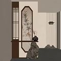 Oriental Style Wooden Partition With Backlit Bamboo Decoration And Stone Ornament