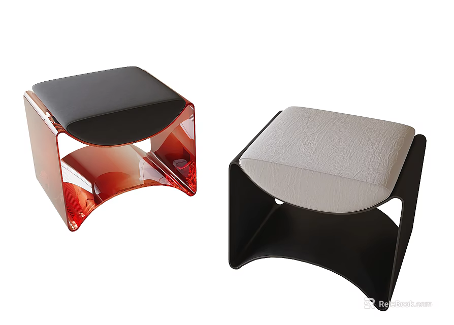 Modern Red Transparent And Black Frame Stools With Light Leather Seats 3d model 