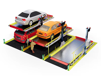 Industrial Multi Level Mechanical Parking System With Lifting Platforms And Parked Vehicles 3d model