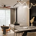 Modern Living Dining Room Open Layout With Sofa Coffee Table Dining Table Chairs Ceiling Fan