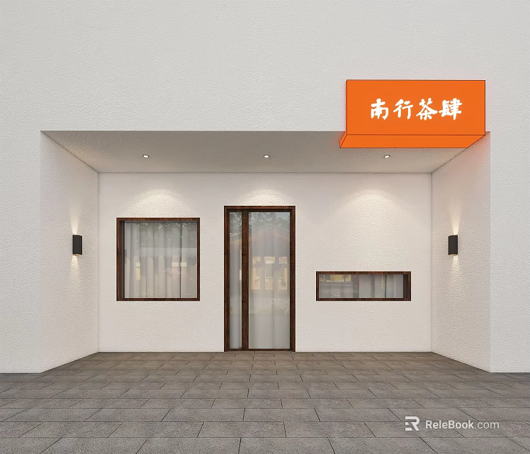 Traditional Tea Shop Storefront With Orange Hanging Signboard White Wall Wooden Door And Windows 3d model 