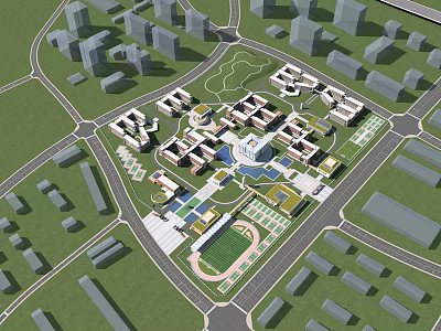 School Campus Buildings With Classroom Blocks Central Square Sports Field And Green Areas 3d model