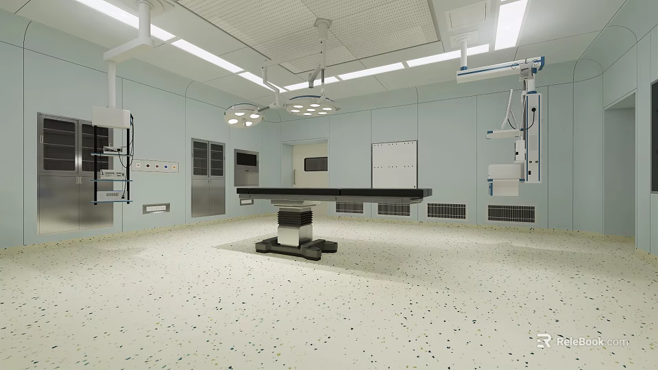 Sterile Operating Room Interior With Surgical Table Hanging Lights And Medical Devices 3d model 
