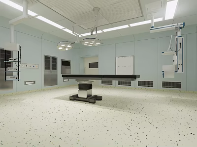 Sterile Operating Room Interior With Surgical Table Hanging Lights And Medical Devices 3d model