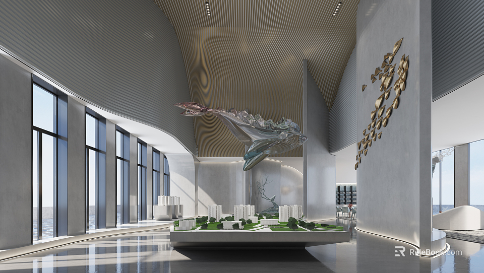 Modern Sales Office Interior Featuring Spacious Layout Central Property Model And Elegant Ceiling Design 3d model 