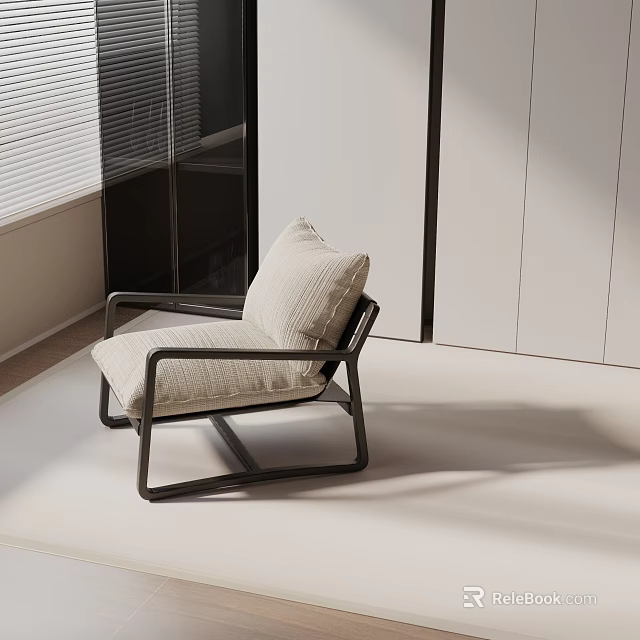Modern Leisure Chair With Beige Linen Cushion And Black Metal Frame For Indoor Relaxation 3d model 