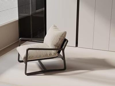 Modern Leisure Chair With Beige Linen Cushion And Black Metal Frame For Indoor Relaxation 3d model