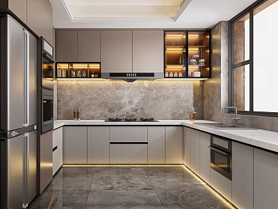 Modern Kitchen Interior Design With Gray Cabinets Marble Countertops And Stainless Steel Appliances 3d model