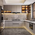 Modern Kitchen Interior Design With Gray Cabinets Marble Countertops And Stainless Steel Appliances