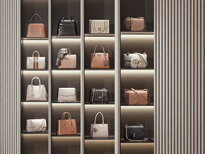 Elegant Handbags Display On Illuminated Shelves With Various Styles And Colors 3d model