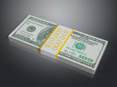 Stack of US Dollar Bills Bundled as Ten Thousand Dollars Cash 3d model