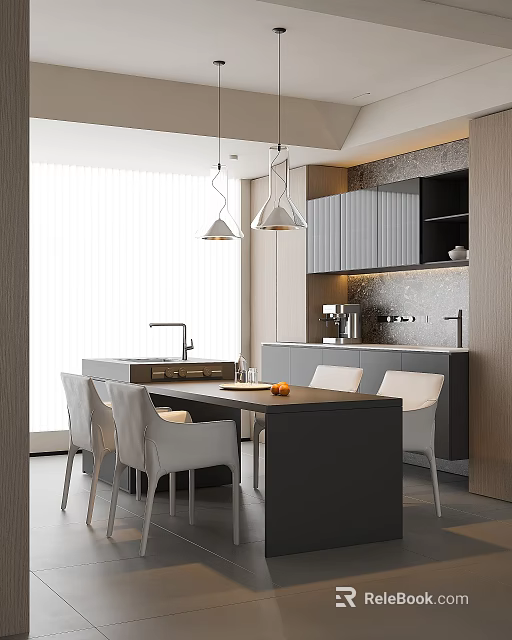 Modern Restaurant Open Dining Area With Kitchen Cabinets Hanging Lights And White Chairs 3d model 