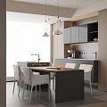 Modern Restaurant Open Dining Area With Kitchen Cabinets Hanging Lights And White Chairs