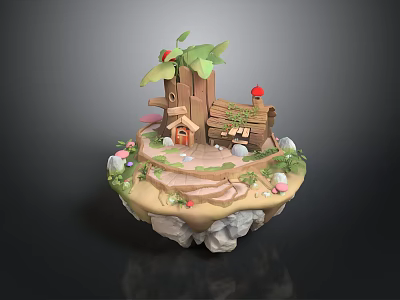 Charming Tree House Building on Floating Island with Mushrooms Steps and Green Plants 3d model