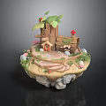 Charming Tree House Building on Floating Island with Mushrooms Steps and Green Plants