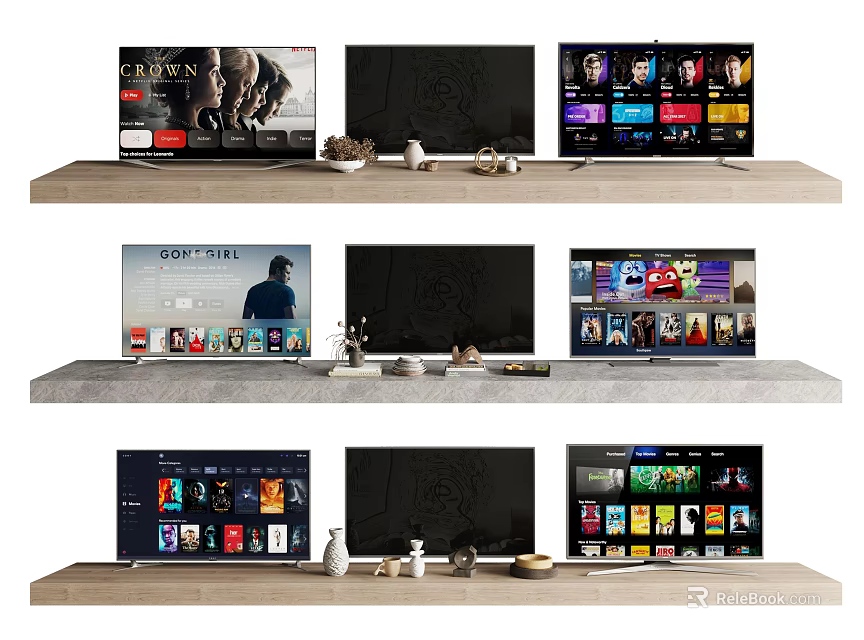 Modern Smart TV Screens Displaying Streaming Apps On Wooden TV Stand With Decor 3d model 