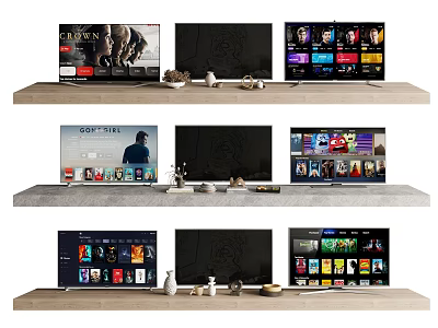 Modern Smart TV Screens Displaying Streaming Apps On Wooden TV Stand With Decor 3d model