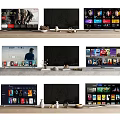 Modern Smart TV Screens Displaying Streaming Apps On Wooden TV Stand With Decor