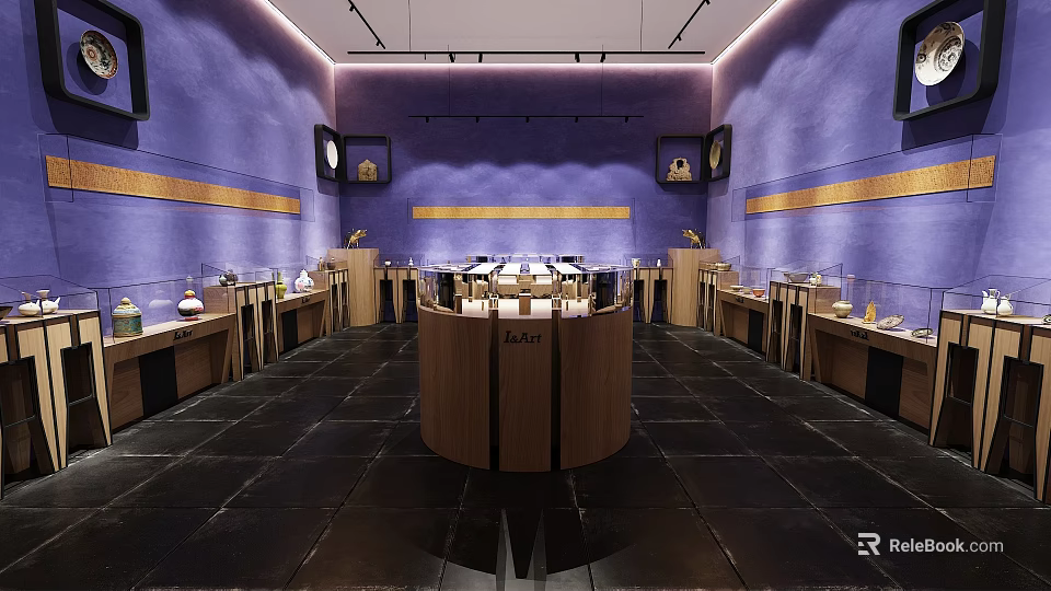 Luxury Loro Showroom Interior With Purple Walls And Circular Wooden Counter 3d model 