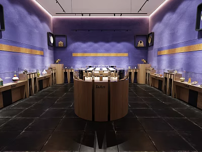 Luxury Loro Showroom Interior With Purple Walls And Circular Wooden Counter 3d model