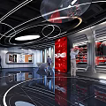 FPX Exhibition Hall With Modern Red And Black Design Display Cabinets Screens And Character Posters