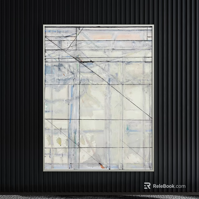 Modern Abstract Painting With Geometric Lines And Gray Blue Tones In Black Frame 3d model 