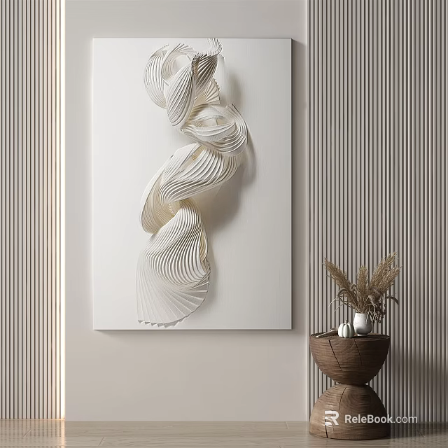 White 3D Sculpture Wall Art With Vertical Striped Wall And Woven Basket Decor 3d model 