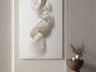 White 3D Sculpture Wall Art With Vertical Striped Wall And Woven Basket Decor 3d model