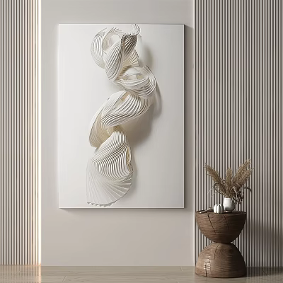 White 3D Sculpture Wall Art With Vertical Striped Wall And Woven Basket Decor 3d model