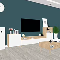 Modern Wooden TV Stand With TV Decorations Plants And White Cabinets In Living Room