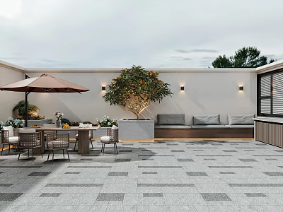 Modern Terrace Garden Landscape with Outdoor Dining Gray Square Flooring Small Tree and Sofa Seating 3d model