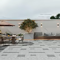 Modern Terrace Garden Landscape with Outdoor Dining Gray Square Flooring Small Tree and Sofa Seating