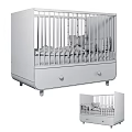 Modern White Baby Crib With Wooden Railings Drawer Storage And Gray Bedding