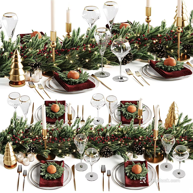 Christmas Themed Tableware Set With Greenery Red Placemats Gold Cutlery Wine Glasses And Oranges 3d model 