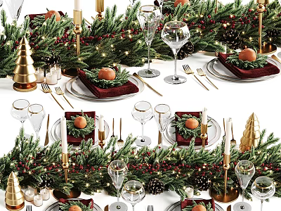 Christmas Themed Tableware Set With Greenery Red Placemats Gold Cutlery Wine Glasses And Oranges 3d model