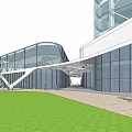 Modern High Rise Office Building with Glass Facade Podium and Landscaped Surroundings