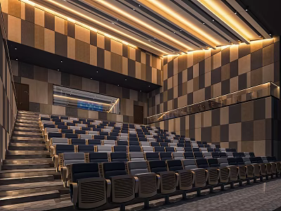 Modern Cinema Auditorium Interior With Plush Seats Staircases And Checkerboard Walls 3d model