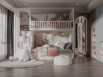 Cozy Kids Room Interior Design With Bunk Bed Leafy Mural Bookshelf And Plush Toy 3d model