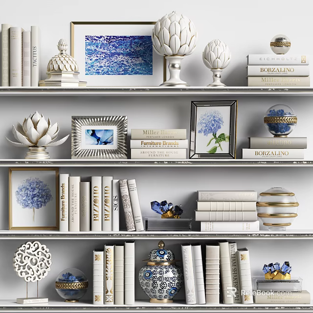 White Bookshelves With Stacked Books Magazines Framed Blue White Art And Decorative Ornaments 3d model 