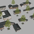 Multiple Rural Self Built Houses Traditional Design With Black Roofs And Trees