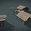 Traditional Wooden Building Models With Sloped Roofs And Open Frame Structures