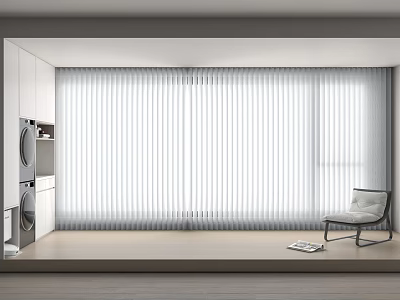 Bright Modern Interior With White Vertical Blinds Washing Machine And Chair 3d model