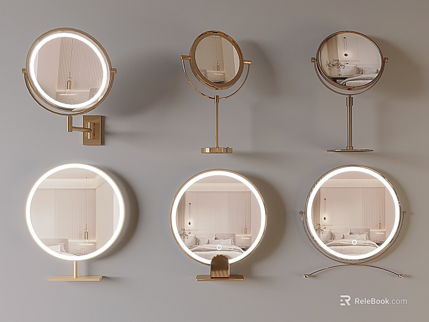Vanity Mirrors With Various Styles Illuminated Designs Golden Stands Wall Mounted And Tabletop 3d model 