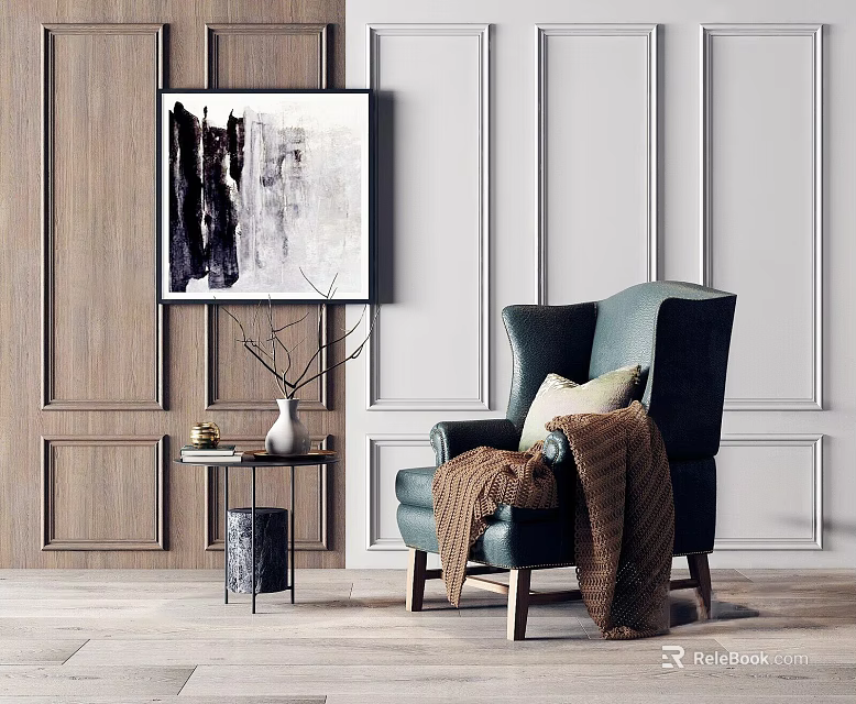 Elegant Teal Accent Chair With Side Table Vase And Abstract Painting In Modern Room 3d model 