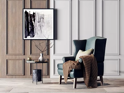 Elegant Teal Accent Chair With Side Table Vase And Abstract Painting In Modern Room 3d model